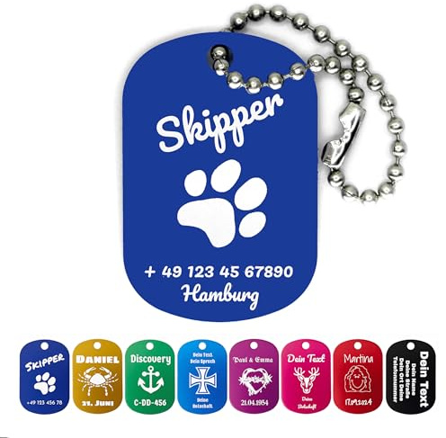 Hundemarke mit Gravur Dog Tag personalisiert mit 10 cm Edelstahl Kugelkette | Namensschild für Halsband Anhänger Hunde Katzen Pferde mit Motiv | Tiermarke - Schlüsselanhänger Hundeanhänger (Blau)