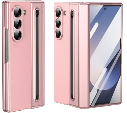 HUAUQAN Custodia 2024 per Samsung Galaxy Z Fold 6 con nuovo slot per penna compatta S Pen integrato, pellicola protettiva per lo schermo, custodia protettiva serie pieghevole con pennino normale (rosa