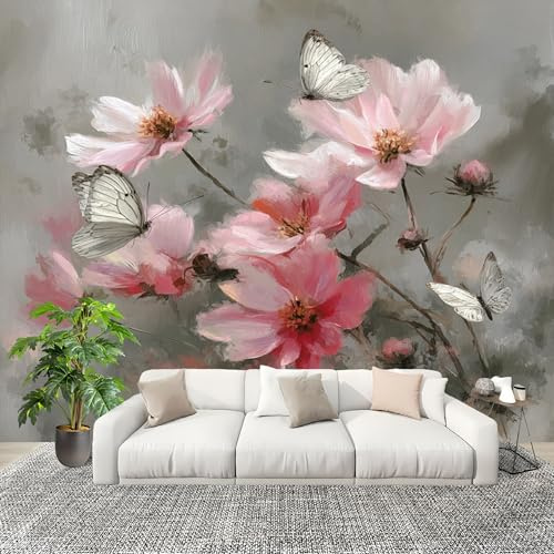 Fototapete 3D Effekt 200x140 cm Künstlerische Blumen und Schmetterlinge Tapete Vlies Geruchlos Atmungsaktiv Wandtattoo Grau HD Wanddeko Wandtapete Wandbild Nahtloses Spleißen Panoramatapete
