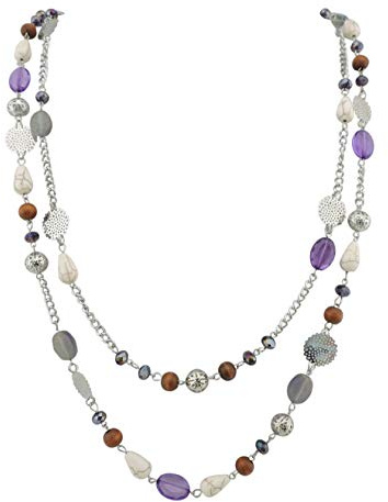 Bocar 14K Gold Plated Link Chain 2 Layer Crystal Wood Acrylic Colorful Women Party Long Necklace Gift (NK-10084-purple)