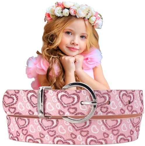 EANAGO veganer Glitzergürtel für Mädchen 3-12 J. Kindergürtel verstellbar | in Pink, für Mädchen von ca. 6-15 Jahren, für Taillen von 57–72 cm, robustes Design mit bunten Herzen