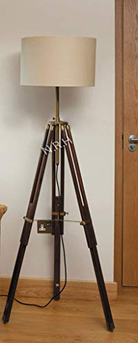 Nautical Replica Hub Soporte para lámpara de pie con trípode de madera marrón de latón envejecido para dormitorio y decoración del hogar (sin sombra)