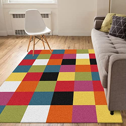 Rururug Rechteckig Teppich Moderner Läufer Orientteppich Kurzflor Flur Schlafzimmer Küche Wohnzimmer rutschfest Waschbar, bunt Kariertes Design 90 x 150 cm