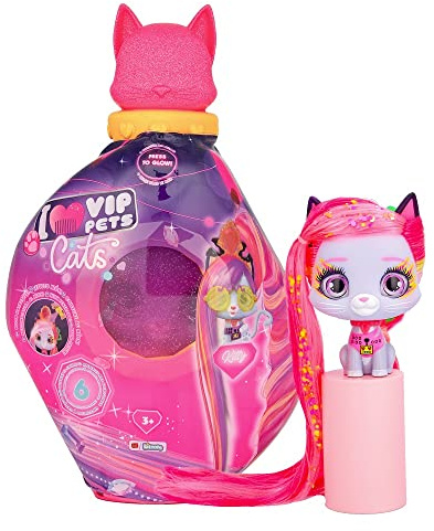 VIP Pets Cats Kitty, Muñeca Gatita Coleccionable Que Brilla en la Oscuridad con Pelo Largo a Peinar y 15 Accesorios - Juguete Regalo para Niñas y Niños +3 Años