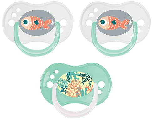 Tigex Sucettes réversibles | 18-36 mois | Sucettes en silicone Jour/Nuit | Sans BPA | Poisson | Lot de 3