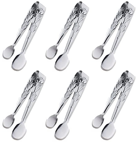 6 st mini serveringtång, 10 cm ros rostfritt stål socker kubtång, silver små istänger för te och kaffe, aptitretare, desserter av Sunenlyst (6 st silver)