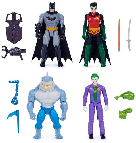 DC Comics, Batman e Robin vs. The Joker e King Shark, Action Figure da 10 cm, Giocattoli per Bambini e Bambine da 3 Anni in su