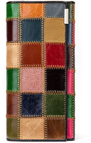 Karoukee Damen Fancy Echtleder Bifold Lange Brieftasche Einzigartig Patchwork Bunte Handy Clutch Geldbörse mit großem Fassungsvermögen Kreditkarten Halter Geldbörse Kiss Lock Münzbeutel Portemonnaie