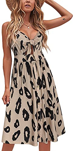 VOTEPRETTY Womens Summer Dresses Tie Front Beach Dress Strappy Sundress with Pockets for Party Vacation Leopard