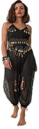 Dysmad Costumizate! Conjunto para Danza del Vientre para Mujer Adulta. Contiene: Top y pantalón, Ambos con Colgantes Que suenan. Material predominante : Poliéster. Colores a Elegir (Negro)