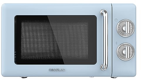 Cecotec Microondas Mecánico con Grill de 20 L Proclean 3110 Retro Blue. 700 W en 6 Niveles, Temporizador hasta 30 Minutos, Modo Descongelación, Diseño Vintage en Azul, Acabados en Acero
