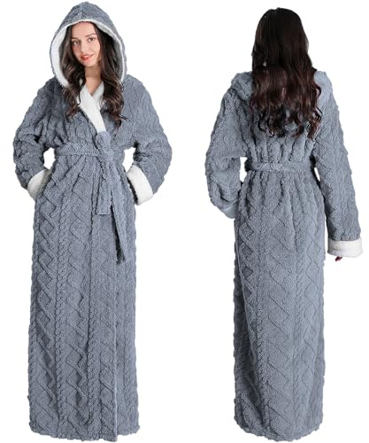 Oksun Womens Long Sherpa Fleece Robe: Floor Length Hooded Bathrobe, Jacquard Warm Winter Housecoat, Fluffy Soft Cozy Nightgown (Grey, XL)