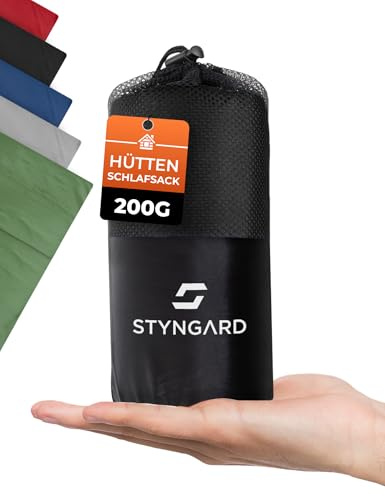STYNGARD 2in1 Hüttenschlafsack Ultraleicht aus Mikrofaser [200g] - Ultraleichter Schlafsack kleines Packmaß - Dünner Schlafsack Inlett leicht & weich - Modell Hanoi (mit Reißverschluss, Schwarz)