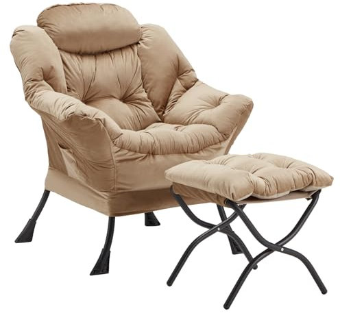 Youtanic Lazy stol med vikbar ottoman, accentstol sammet stoppad med metallstruktur och halkfria kuddar, sofffåtölj med fotstöd och sidoförvaringsväska för sovsal, rum, kontor, kaki