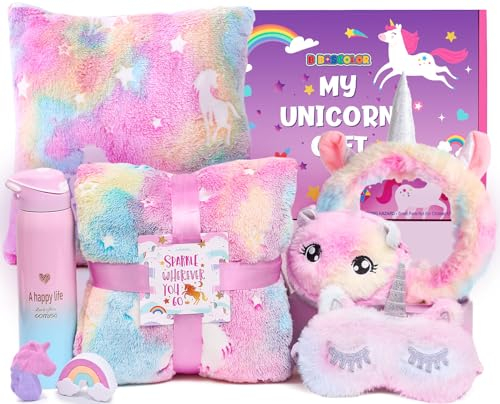 Toyssa Unicornios para Niñas Regalo 5 6 7 8 9 10 años Peluche Manta Unicornio Botellas Termicas 500ml Diadema Bombas de baño Antifaz para Dormir Navidad Cumpleaños Regalo para Niñas