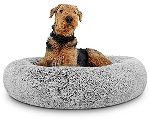 The Dog’s Bed Calming Donut Dog Bed, Plush Faux Fur Round Cuddler Nest – Removable Washable Zip Cover, Large Beds - 91cm Diameter, Silver Grey Fur