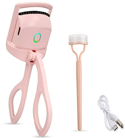 Piegaciglia Riscaldato, Arricciaciglia Elettrico Ciglia Riscaldato Clip Bigodino, Piegaciglia Riscaldante Ricaricabile USB-C con Pettine, 2 Modalità e Sensing Pads Riscaldati in Silicone (Rosa)