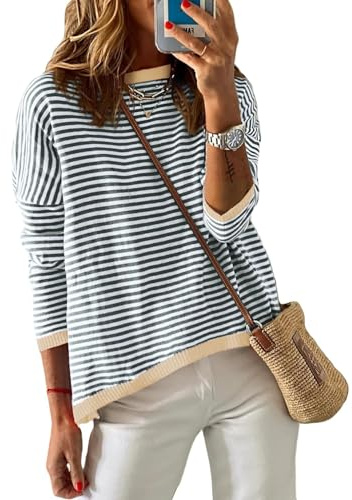 Cuptacc Jersey para Mujer A Rayas Sudadera Mujer Manga Larga Cuello Redondo AlgodóN Tops AlgodóN Casual Punto Jersey Mujer, Beigerrot