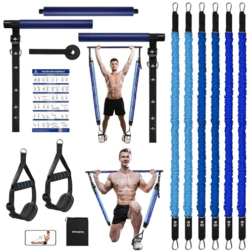 ALongSong Fitnessbänder Pilates Bar Set 6 Widerstandsbänder mit Stange 20-240lbs Fitnessgeräte für Zuhause Resistance Bands Home Gym Pilates-Stange Verstellbare&Abnehmbare,Griffe,Türanker