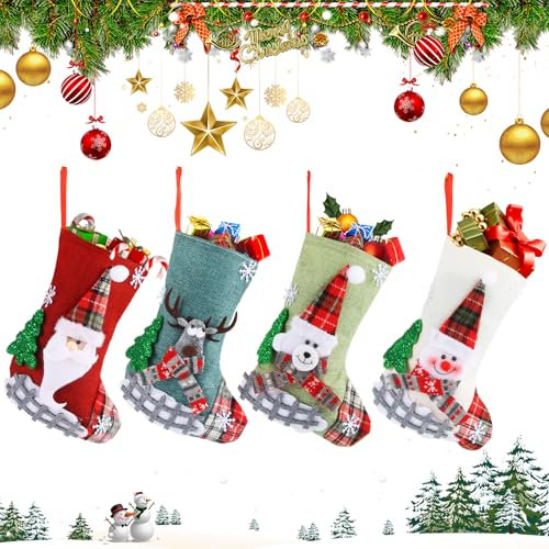 SilverChry Calza di Natale, 4 Pezzi Mini Calze di Natale, Calze di Natale per Camino, Calze di Natale da Appendere, Calze Natalizie da Appendere Set per Albero, Camino, Vetrina, Sacchetto di Caramelle