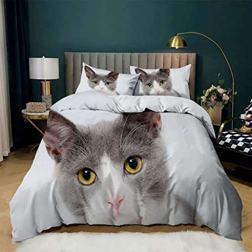 CHCHNXY Bettwäsche 200x200,Weiße Katze 3 Teilig Weich Und Atmungsaktiv Bettwäsche-Set,Für Jugendliche Erwachsene 1 Bettbezüge Mit Reißverschluss Und 2 Kissenbezug 80x80cm