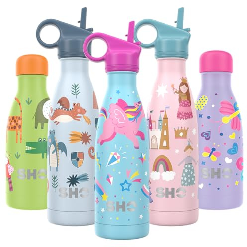 SHO Kids Water Bottle Insulated (Unicorns with Straw Lid, 375ml) | Stainless Steel, 2 Lids - Screw & Straw, Splash-Proof, 24H Cold, 12H Hot, BPA-Free, Carry Loop
