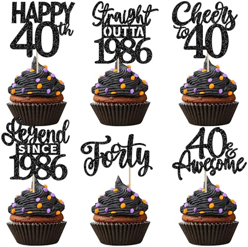 Xsstarmi 24 Pack Black Happy 40th Birthday Cupcake Toppers Forty Straight Outta 1986 Cupcake Picks Cheers to 40 Lengend Since 1986 Cake Decorations for 40th Birthday Anniversary Party Supplies