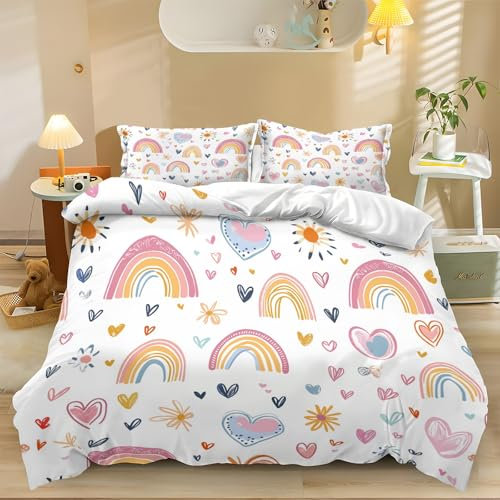 Fibra Superfine Copripiumini Stile Cartone Animato Arcobaleno Forma Di Cuore Prevenire L'Allergia Con Cerniera Morbido E Confortevole Copripiumino 220x230cm Stampa 3D Set Copripiumino Con Due Federa