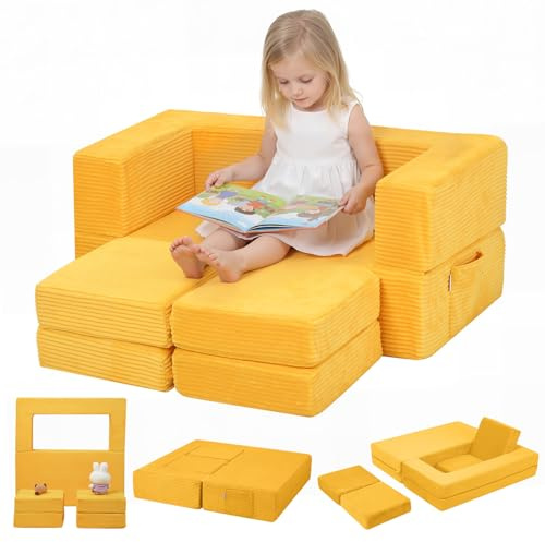 MeMoreCool Divano per bambini in velluto a coste, pieghevole, mini divano modulare per cameretta e camera da letto, colore: giallo