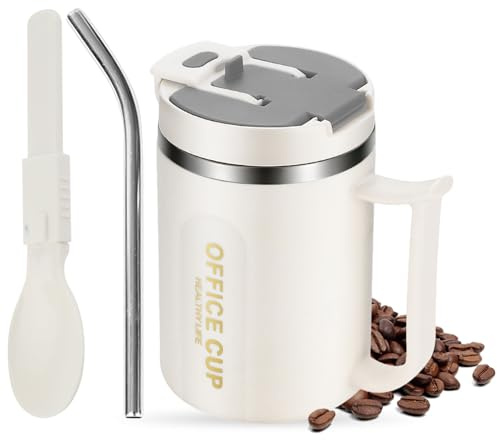 Kytpyi Tasse a Cafe, 500ml Anti-brûlure Mug Isotherme avec Paille Couvercle 1 Cuillère Pliable pour Maison Lécole Bureau (Gris)