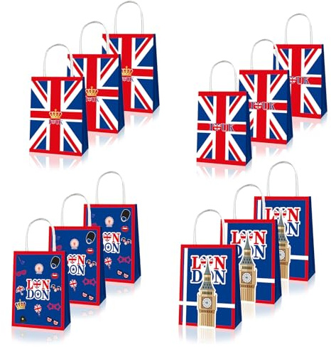 COSORO 12Pcs Union Jack Party Paper Gift Bags,Small Uk Flag Bag for Sweets,Loot Candy Bag British Kraft Paper Bags with Handle for 2025 VJ DAY 80th Anniversary Decorations,Union Jack Party Supplies