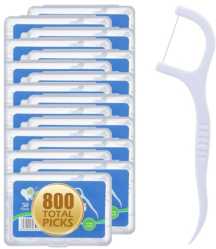 Aussumy 800 Count Dental Floss Picks – Built-in Toothpicks for Deep Cleaning, Comfortable Handle to Remove Plaque & Protect Gums – Family Pack with 50 Picks per Portable Case for Adults & Kids