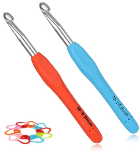 Reessy Crochet Hooks Set, 9.0 mm & 10.0mm Ergonomic Crochet Hook Set with Soft Rubber Grip for Arthritic Hands, Ideal Crochet Tool with Stitch Markers for Beginners and Experienced Crochet Lovers