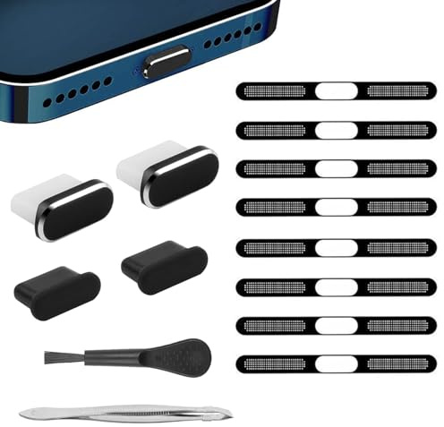 BelleVive 8 Piezas de Adhesivos de Malla a Prueba de Polvo para iPhone 16/15/Pro/Pro MAX, Tapones de Polvo USB-C, Anti-Polvo, Malla para Altavoz, Limpiador de Puerto de Carga para Todos los