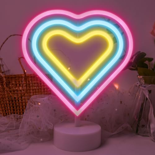 Aslanka Luz de neón con forma de corazón arcoíris, luz LED para dormitorio, luz nocturna, funciona con pilas o USB, cumpleaños, fiesta, sala de estar, mesa de comedor, regalo para niños