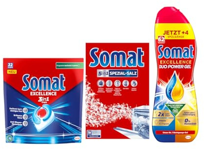 SOMAT Spülmaschinen Set – Excellence 3in1 Caps 22 Stück + Duo Power Gel 992 ml + 5in1 Spezial-Salz 1,2 kg – kraftvolle Reinigung gegen Fett, Kalk & Wasserflecken, für glänzendes Geschirr