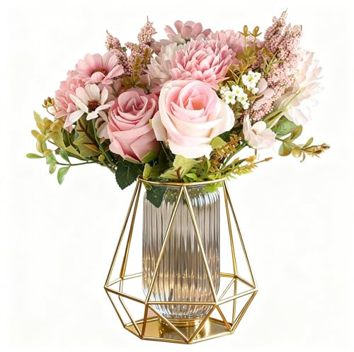 2 Bunches Pink Roses Artificial Flowers for Decoration, Fake Flowers,Decorative Artificial Roses Peonies Peony Hydrangea,Faux Silk Flower Bouquets for Home Table Arrangements Wedding Vase Decoration