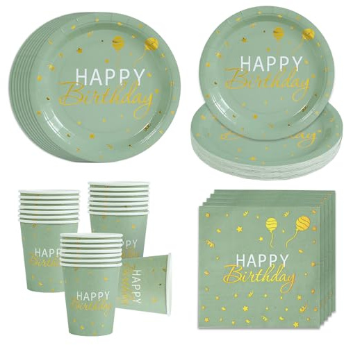 Vajilla Fiesta Cumpleaños - 96 Piezas Verde Salvia Vajilla Desechable, Reciclable Platos de Papel Tazas y Servilletas para Decoración de Fiesta de Feliz Cumpleaños Infantil Niños Niñas(24 Invitados)