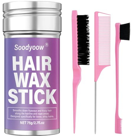 Soodyoow 75g Cera Pelo Mujer, Cera para el Pelo en Barra con 3 Peines Rosados, Set de 4 Piezas para Peinado No Graso, Larga Duración Anti Frizz para Cabello Rebelde y Encrespado