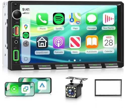 Hodozzy Double Din Car Stereo with Wireless Carplay and Android Auto, 7 Inch 2 Din Touchscreen Car Radio with Bluetooth, FM Radio EQ, Online Video, USB/AUX/Type-C, SWC, Color Backlight+ Backup Camera