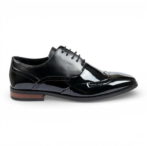 Infinity Leather Zapatos Oxford Clásicos de Hombre Dolcetto, de Piel Sintética Charol Negra con Puntera de ala y Cordones.