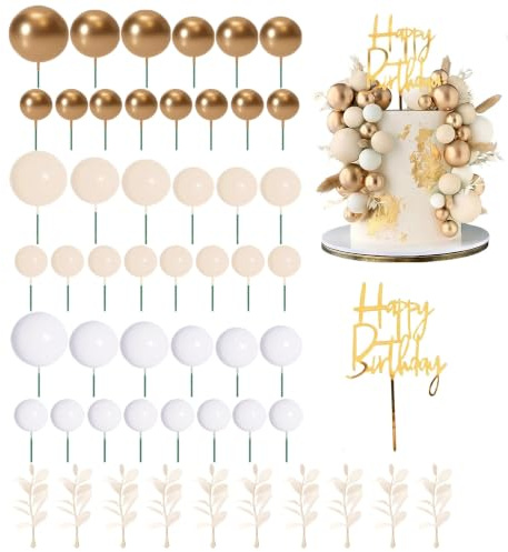 Boho Cake Decorations, 53 Pcs Cake Decorating, White Gold Ball Cakes Toppers Balloon Cakes Cupcake Topper for Birthday Wedding Party Decor