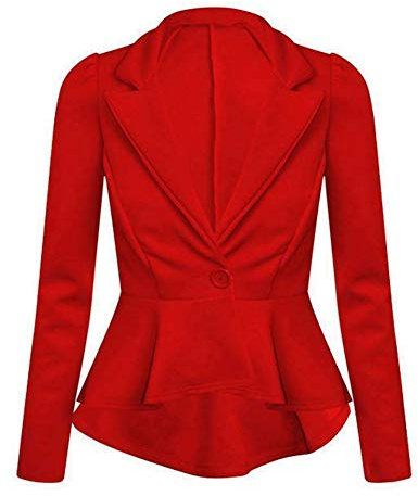 BODYWEAR LTD Giacca da donna slim fit peplo blazer con maniche lunghe, design corto con volant, elegante tessuto elasticizzato, giacca da ufficio o da sera, Rosso, 42