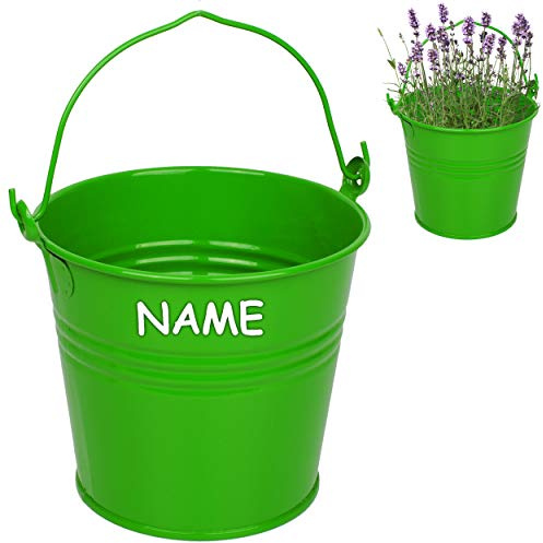 alles-meine.de GmbH Kleiner - Metall Eimer/Blumentopf - grün - inkl. Name - 15 cm hoch - 2 Liter - rostfrei - Blech Eimer/Metalleimer - rund - mit 3-D Effekt Rillen Prägung -..