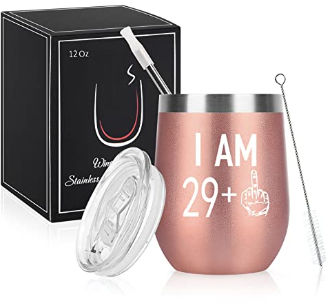 Livole 30 Geburtstag Frauen, 30 Geburtstagsgeschenke für Frauen, Geschenk 30 Geburtstag Frau, 12oz Doppekwandiger Edelstahl Weinbecher mit Deckel und Strohhalmpinsel, Vakuumisolierte Weinglas für Wein