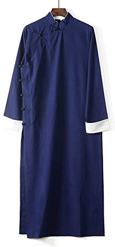 FOoTY Adult Kungfu Costume Tai Chi Chinese Traditional Cheongsam Suit Mandarin Cotton Linen Martial Arts Uniforms Long Shirt Unisex (XL, 1# Navy)