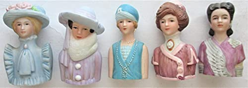 Victorian Ladies Porcelain Bisque Fashion Silhouette Thimbles Set of 5