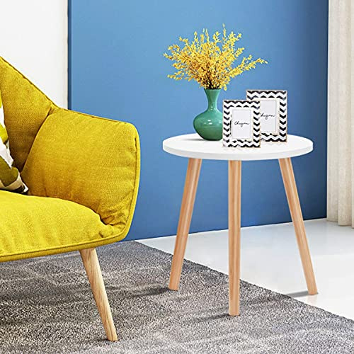COSTWAY Round Coffee Table, Small Side Table Cocktail Tea Desk, Nightstand Bedside Sofa End Table for Living Room, Bedroom and Balcony (White+Natural, Round with Solid Wood Legs)