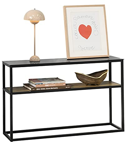 SoBuy FSB43-SCH Vintage Konsolentisch mit Glasoberfläche Metall Flurtisch Dekotisch Sideboard schmaler Beistelltisch Sofatisch Natur/Schwarz BHT ca: 110x70x30cm