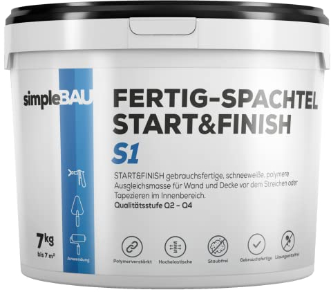 simpleBAU Spachtelmasse Weiß Innen 7 kg – Gebrauchsfertige Fertigspachtel für Wand & Decke, Polymer-Spachtelmasse Start&Finish – Glätten, Füllen & Reparieren, Staubfrei & Leicht Schleifbar